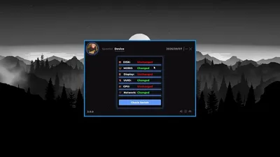 Portal table listing disk, motherboard, monitor, UUID, GPU, and NIC fields with changed or unchanged badges plus a check-serials button.