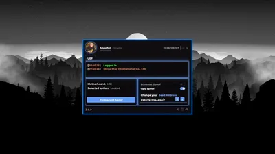 Dark dashboard UEFI tab with permanent spoof toggle, GPU and ethernet switches, and a numeric seed input on a mountain backdrop.