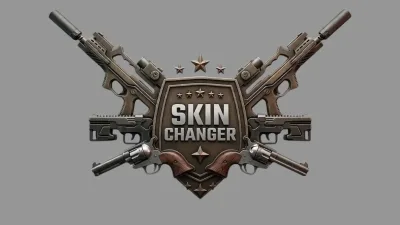 Steel crest labeled Skin Changer with crossed rifles, revolvers, and star accents.